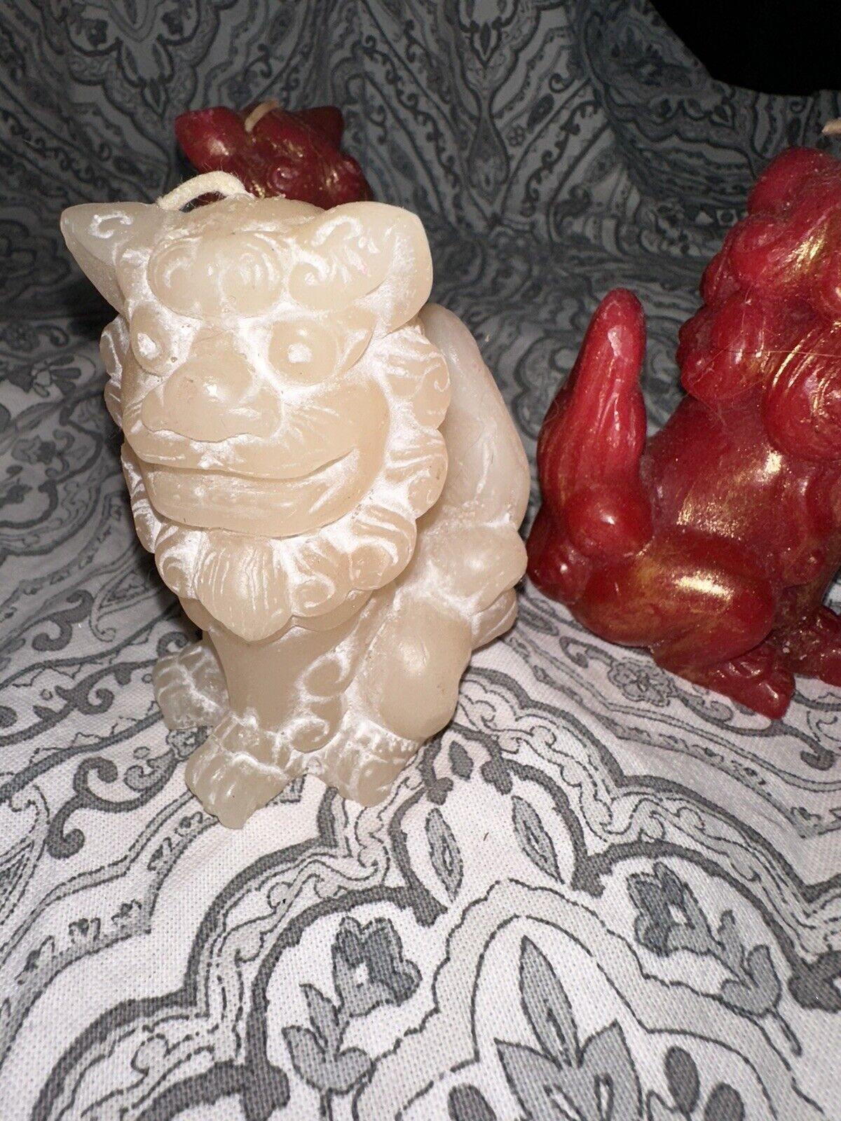 VINTAGE CHINESE DRAGON White And Red Set Of 3 WAX CANDLE - 5 IN.