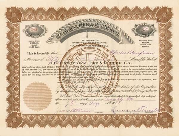O\'C. - T. Sectional Tire and Rubber Co. - Stock Certificate - Automotive Stocks