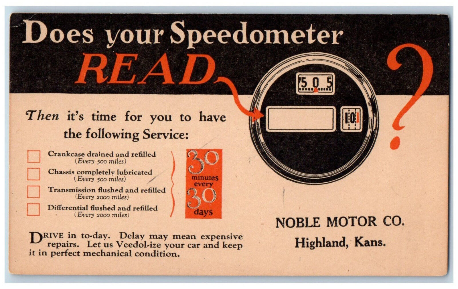 Highland Kansas KS Postal Card Noble Motor Co. Speedometer c1940\'s Vintage