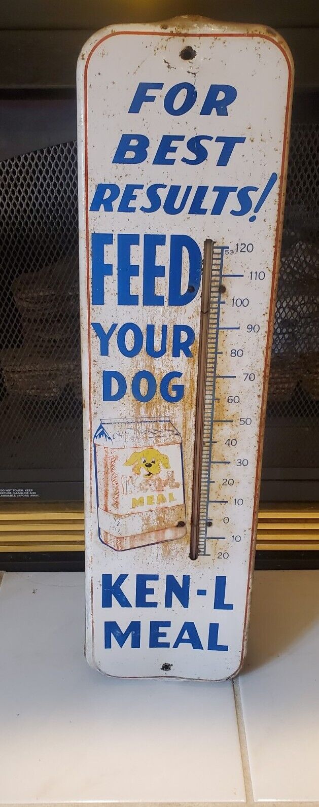Cool Vintage 1950s KEN-L RATION Dog Food Metal Thermometer Sign