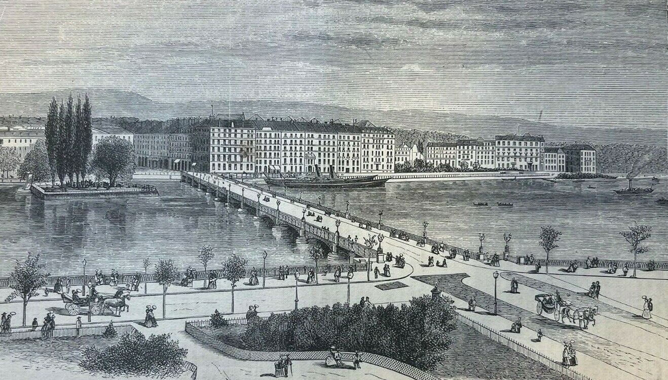 1872 Geneva Switzerland Bridge of Mont Blanc St. Peter\'s illustrated
