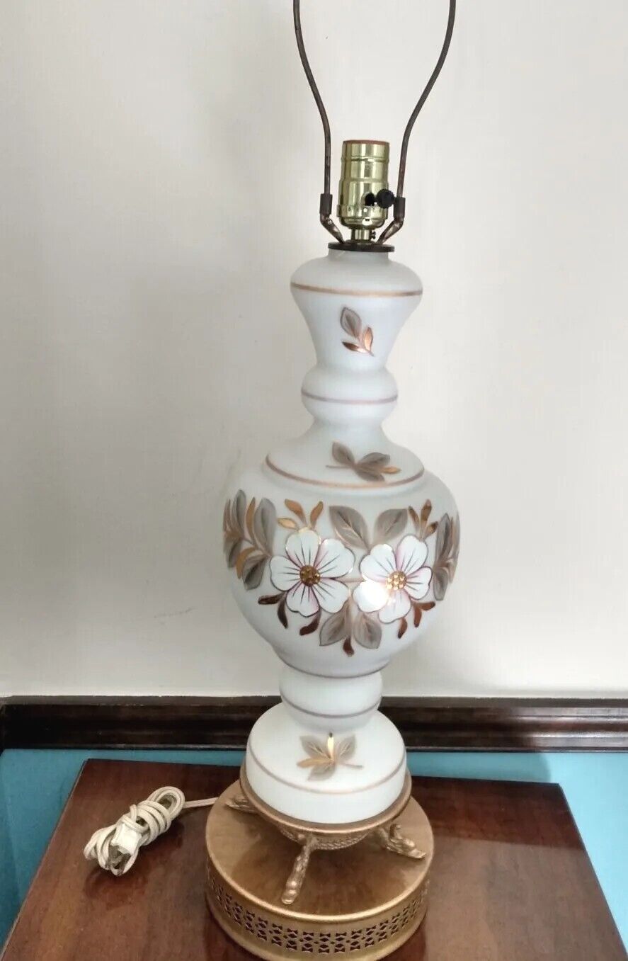 Vintage MCM White & Pink Satin Glass Hollywood Regency Lamp Floral Ornate Base