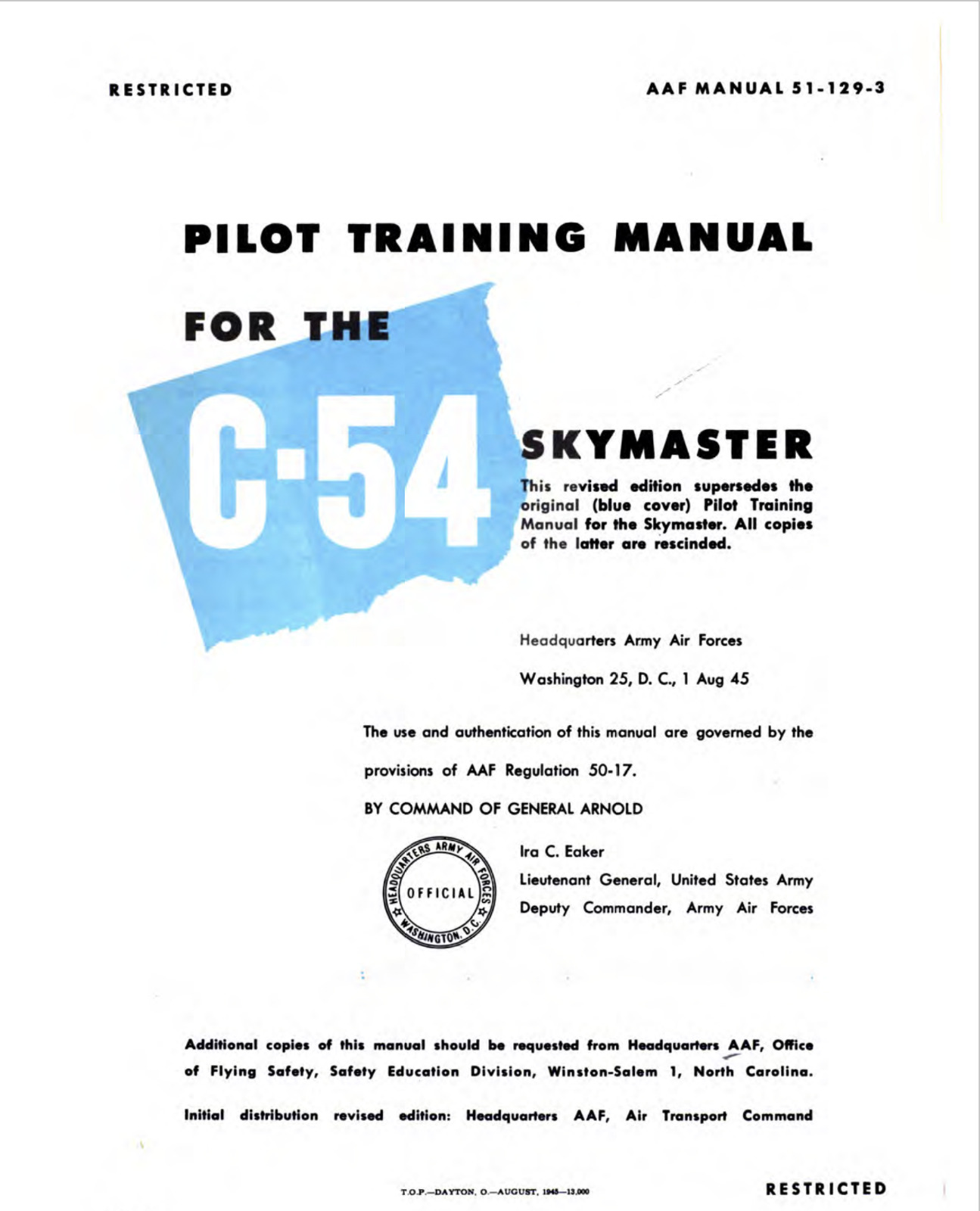 217 Page 1945 C-54 Skymaster AAF 51-129-3 Pilot Training Flight Manual on CD