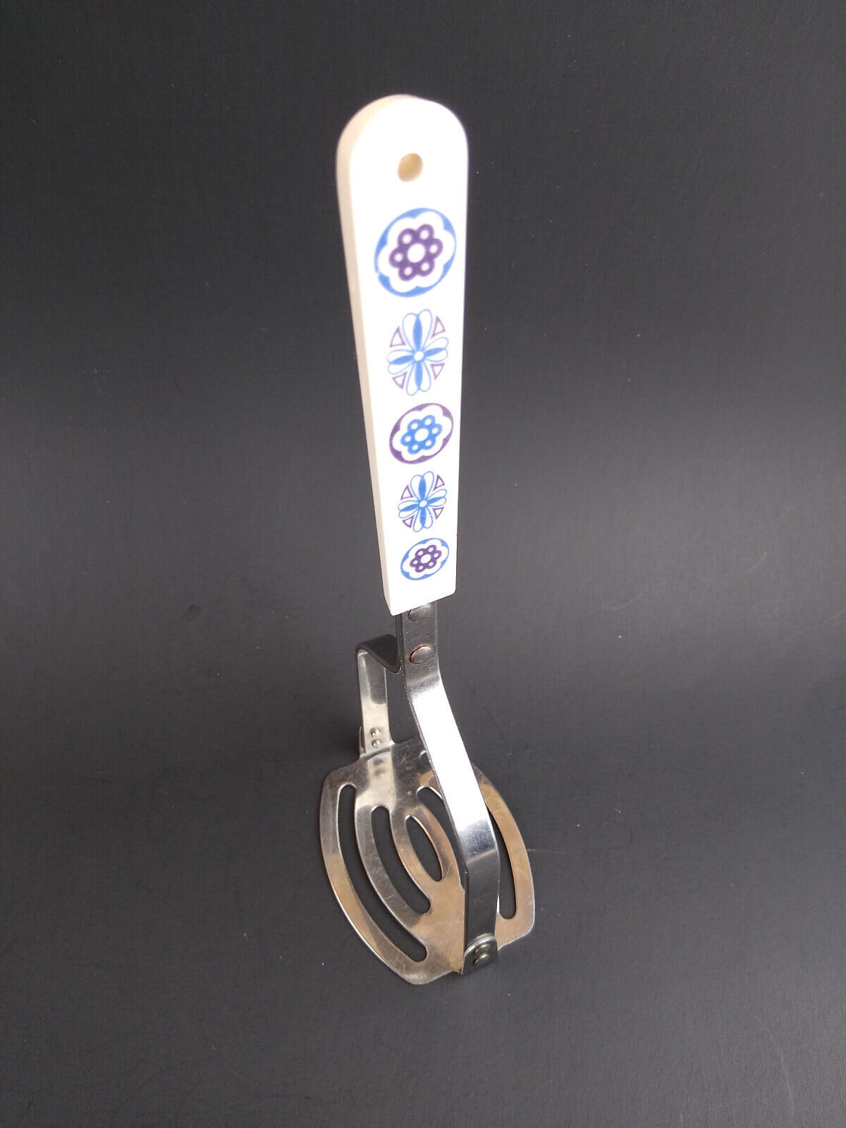 Vintage Stainless Steel Slotted Potato Masher Blue and White Handle Ace