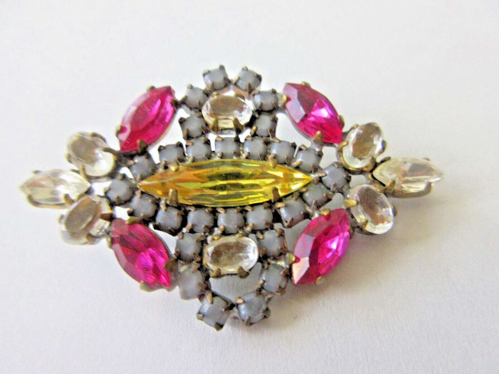 Gorgeous Czech Vintage Rhinestone Glass Button Stunning Pink Grey Yellow Crystal