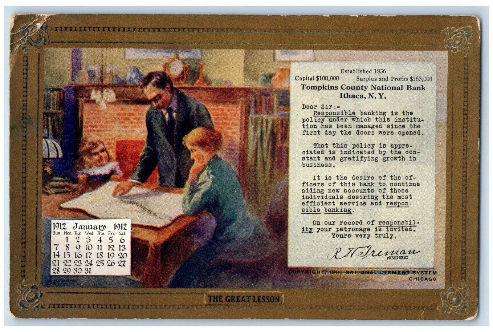 1911 Great Lesson Calendar Tompkins County National Bank Ithaca NY Postcard