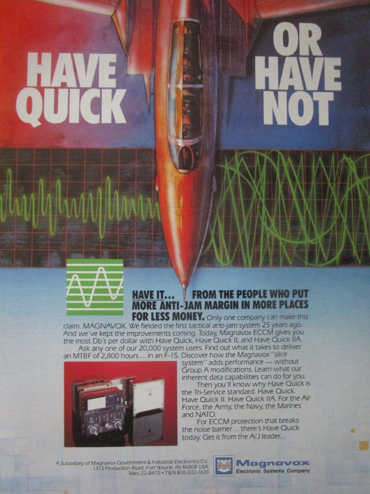 7/1988 PUB MAGNAVOX ELECTRONIC SYSTEMS ECCM ANTI JAMMING HAVE QUICK ORIGINAL AD