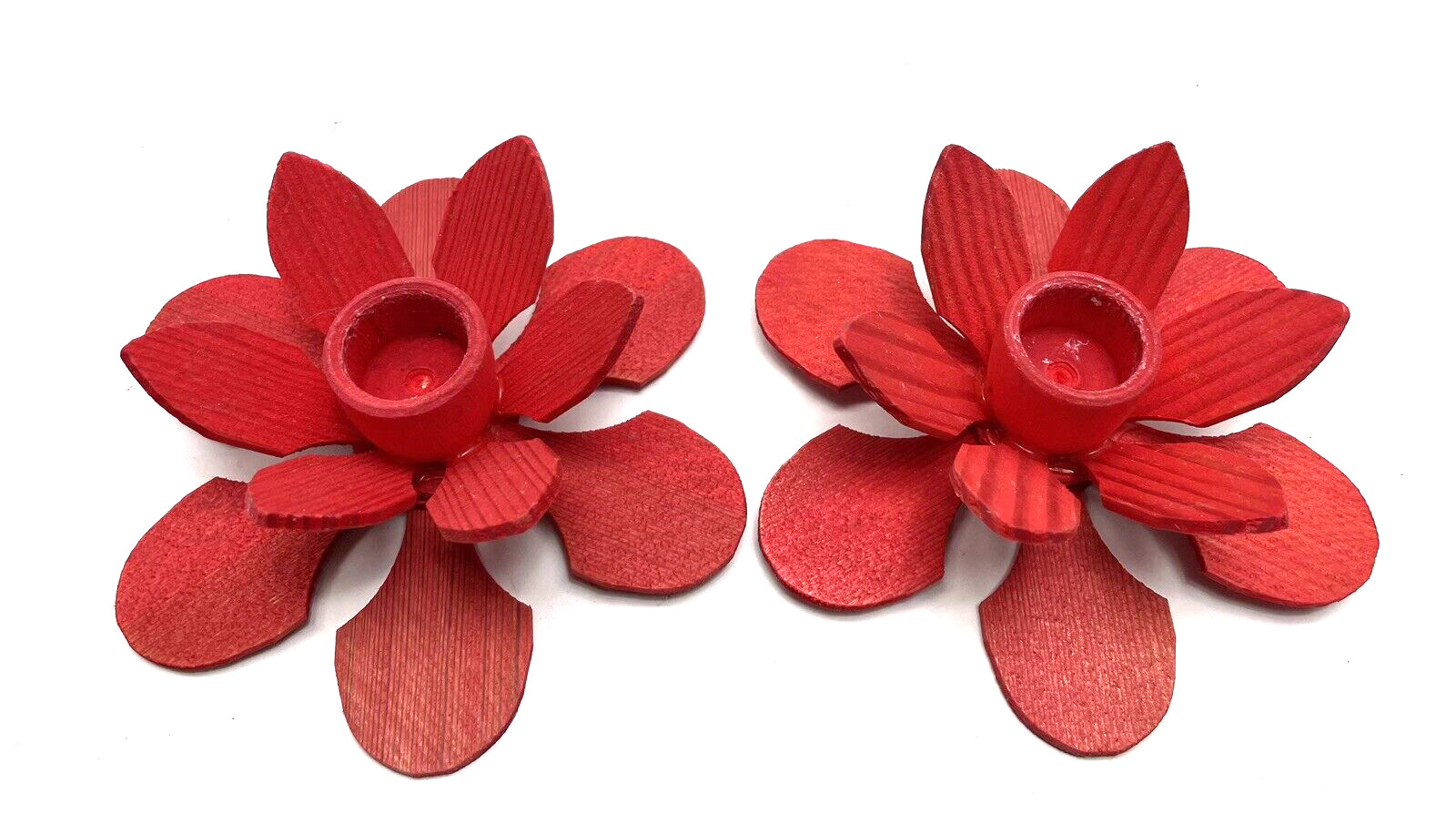 Pair of Vintage Wooden Red Flower Candleholders Made in Sweden