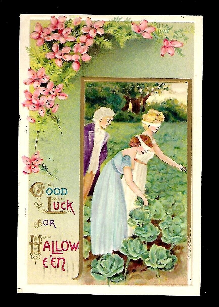 c1910 Halloween Postcard Blindfolded Women Picking Cabbage