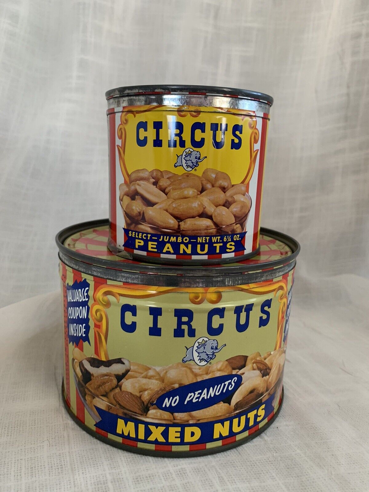 Pair Vintage: Circus Mixed Nuts King Size & Peanuts 6 1/4 Oz. With Lids
