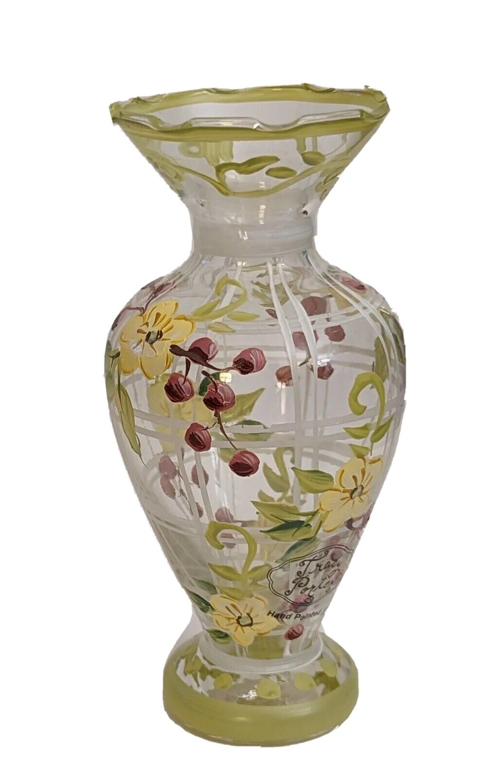 Tracey Porter Hand Painted Glass Bud Vase Floral w Berries Yellow Green White