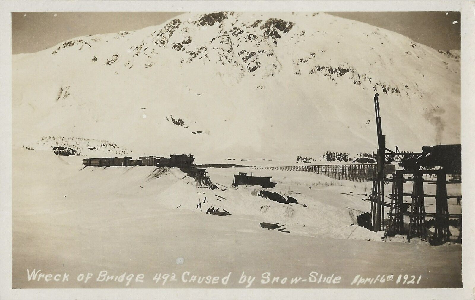 Postcard AK Seward Penin. Wreck Railroad Bridge 493 4-6-1921 Snow Slide RPPC