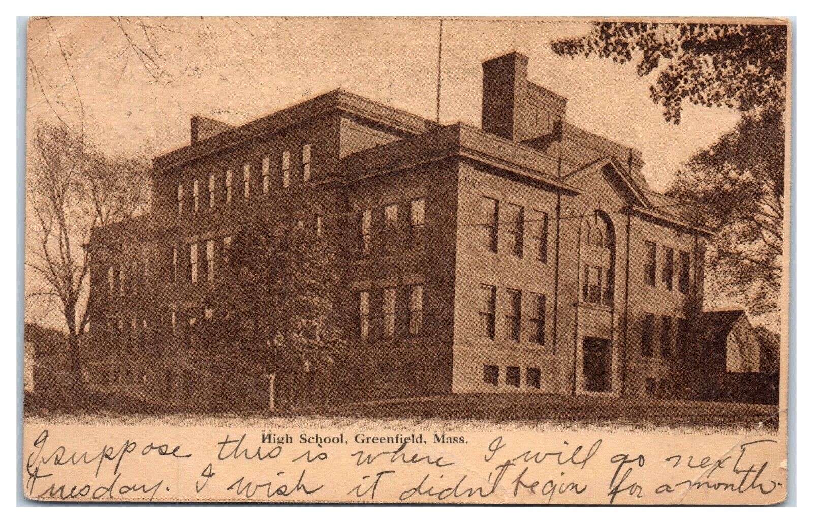 Postcard - High School in Greenfield Massachusetts c1909