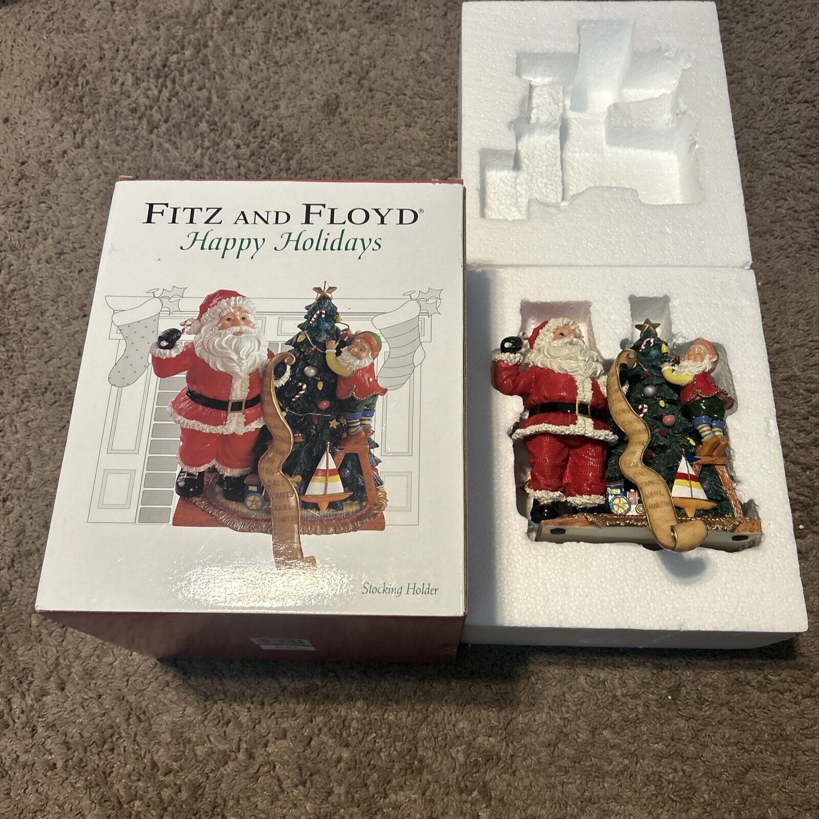 Fitz and Floyd Happy Holidays Stocking Holder Santa Elf Tree 2004 NEW READ