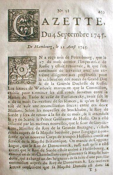 Rare original 1745 French language newspaper GAZETTE Paris FRANCE -280 years old