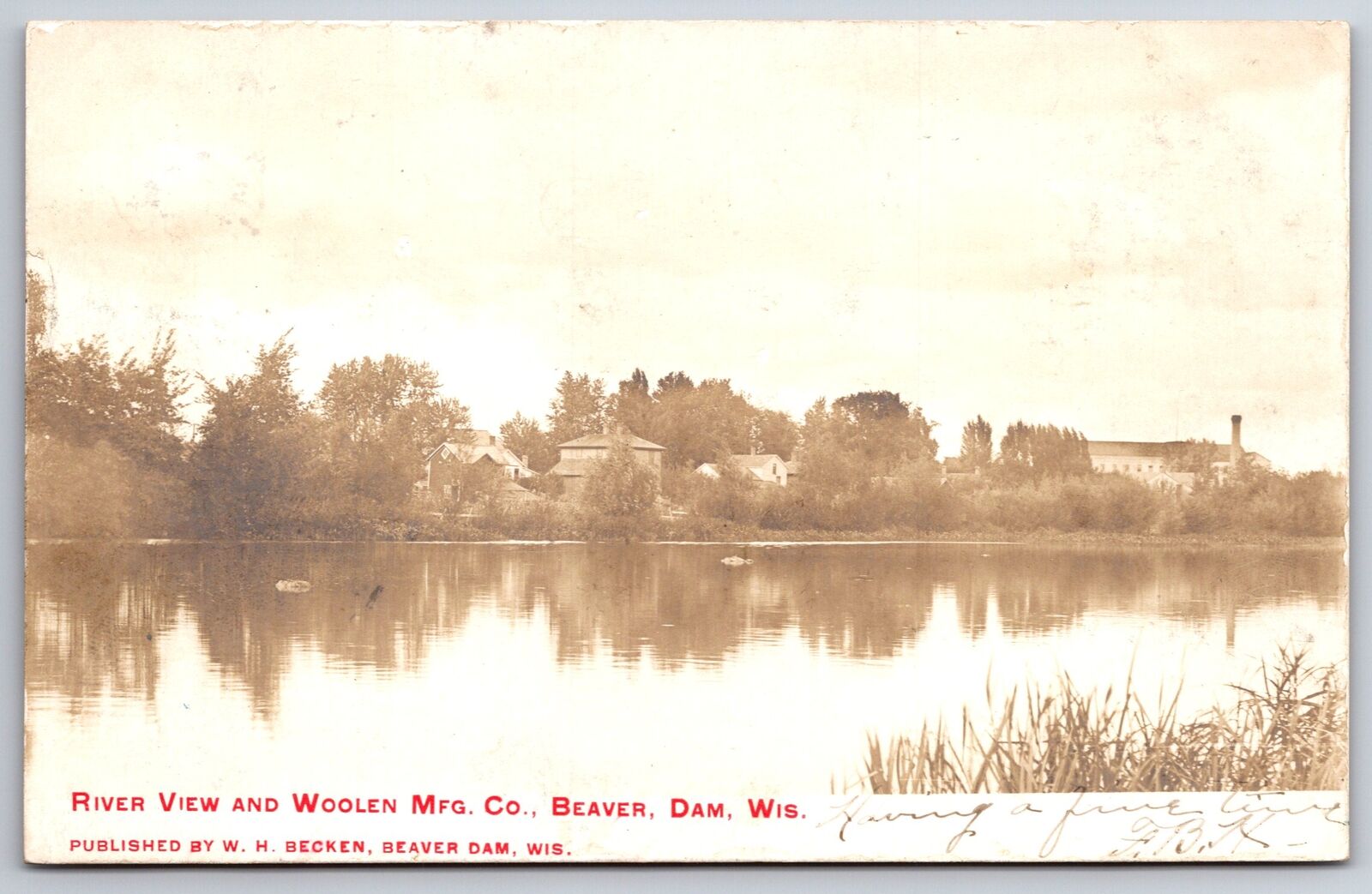 Beaver Dam Wisconsin~Woolen Mfg Co~Factory Across River~WH Becken 1906 RPPC