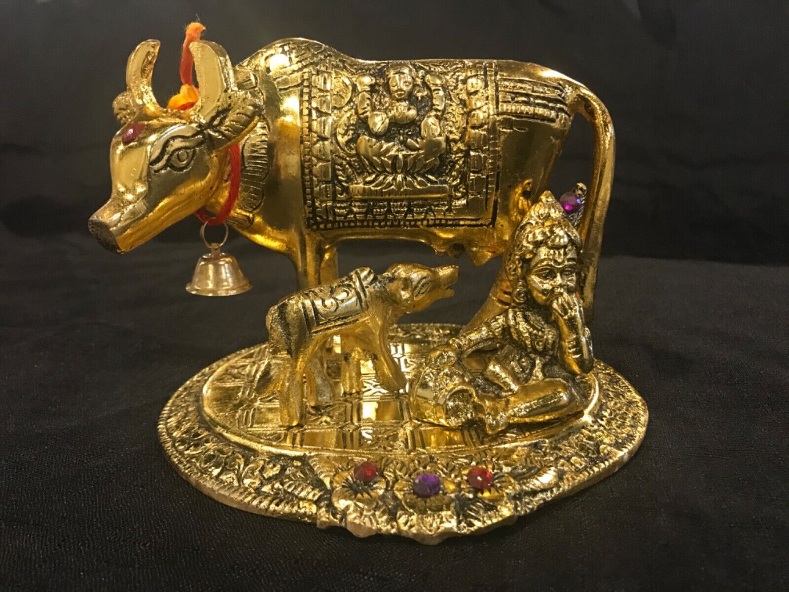 Kamdhenu Cow with Bal Krishna and Cow - Metal Statue Spiritual Oxidized Metal 