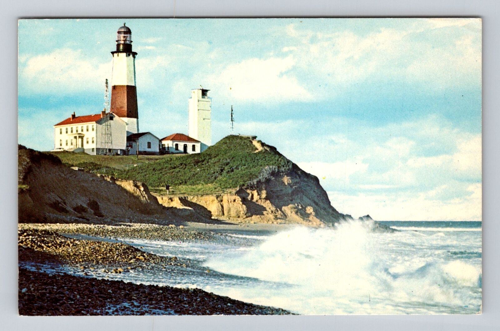 Long Island NY-New York, Montauk Point Light House, High Surf, Vintage Postcard