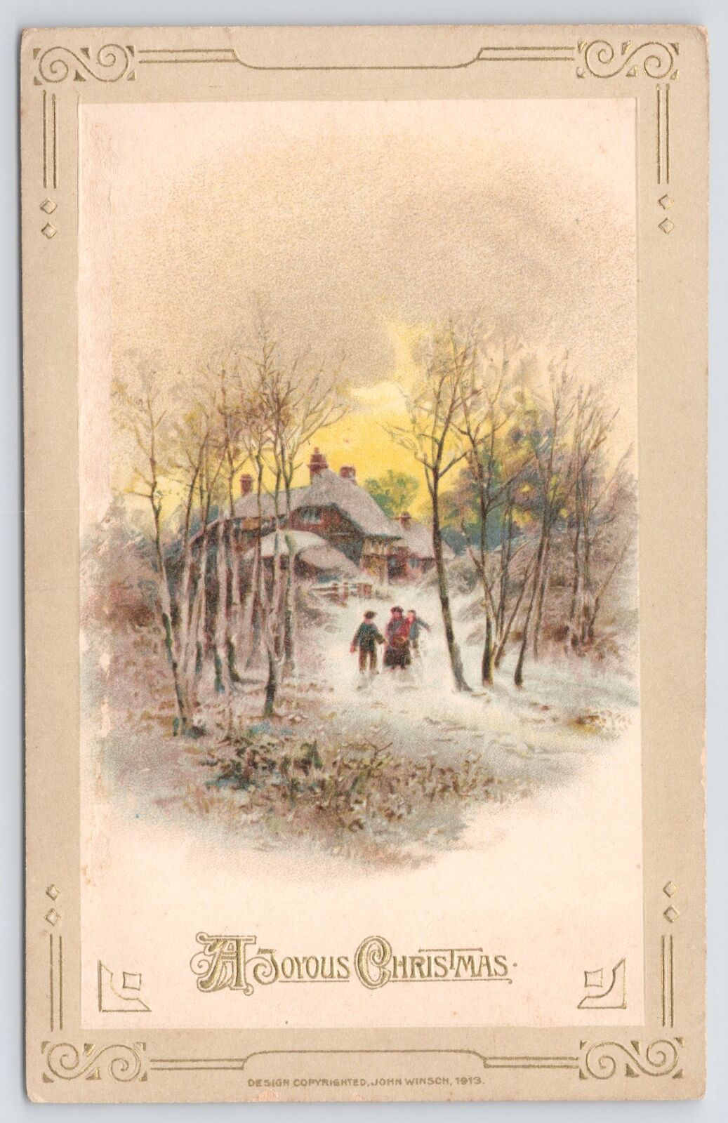 John Winsch~c1913~A Joyous Christmas~Winter Scene~Naked Trees~Kids Walking~House