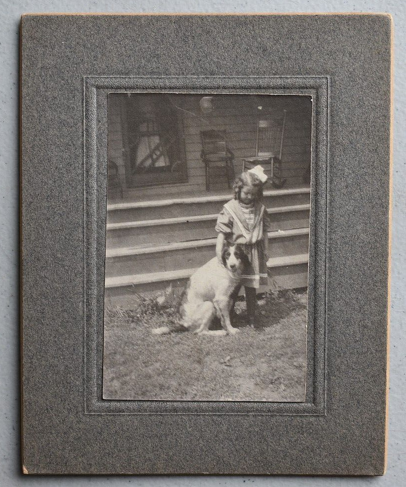 Vintage Early 1900\'s Cabinet Card PHOTO Cute Little Girl in Dress w/ Her DOG ~