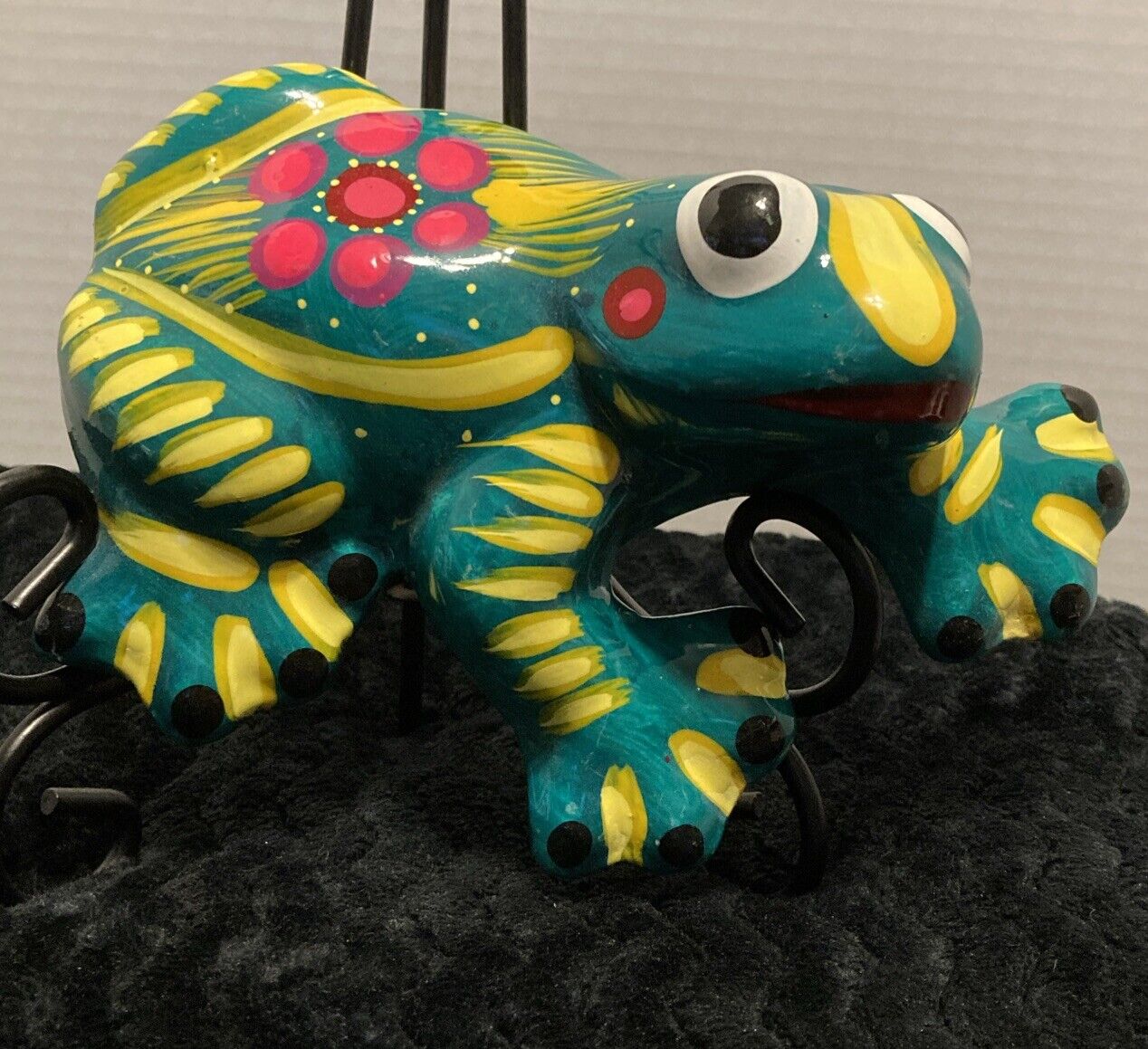 Colorful Mexican Folk Art Hand Painted Turquoise Frog