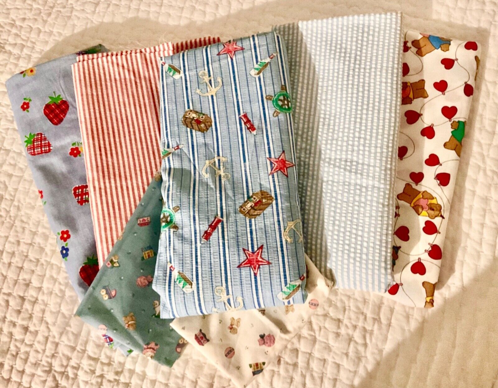 9 yds. Vintage Fabric Seersucker/Cotton, 7 pattern Anchor, Stripes, Strawberries