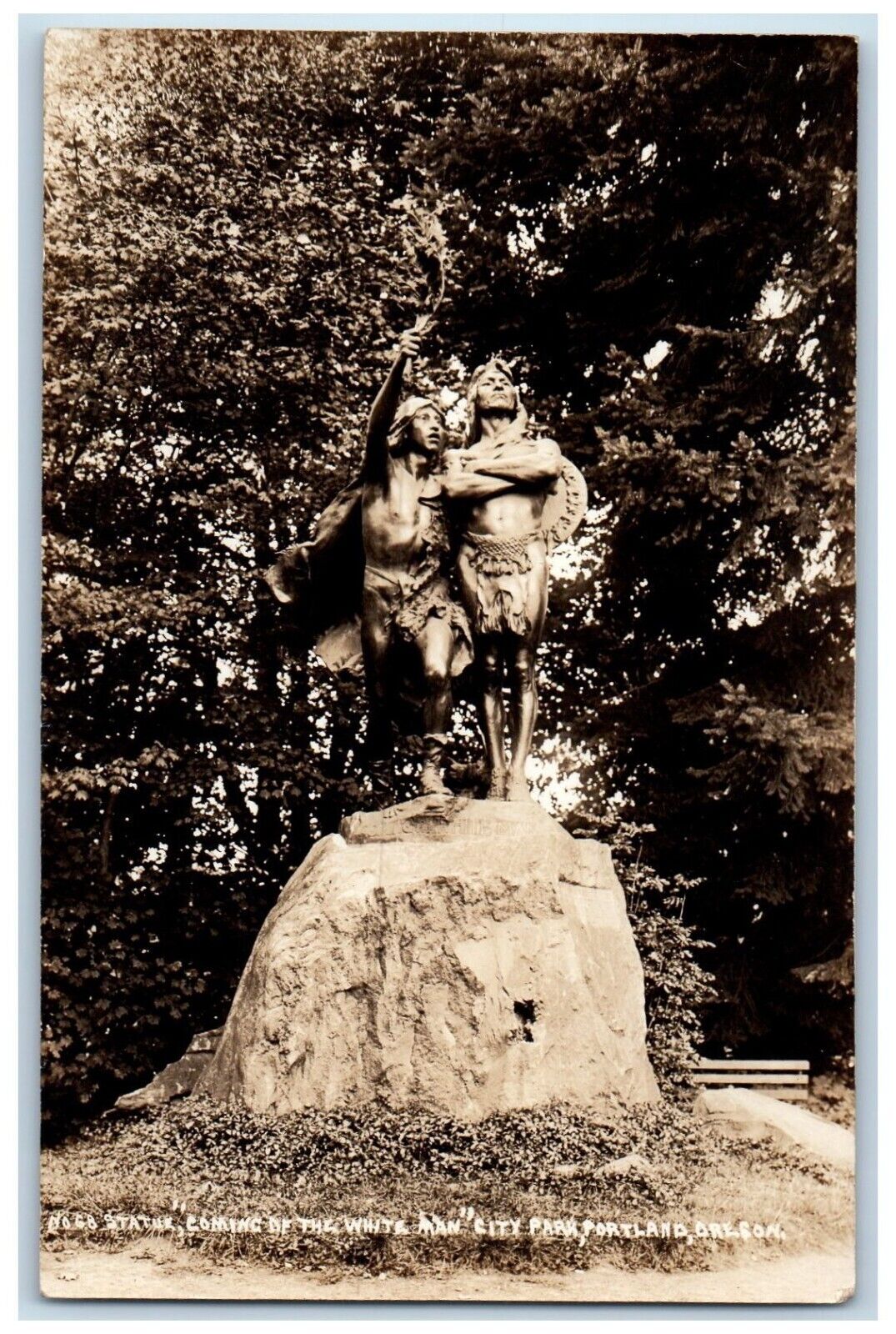 c1910\'s Statue Coming Of The White Man City Park Portland OR RPPC Photo Postcard