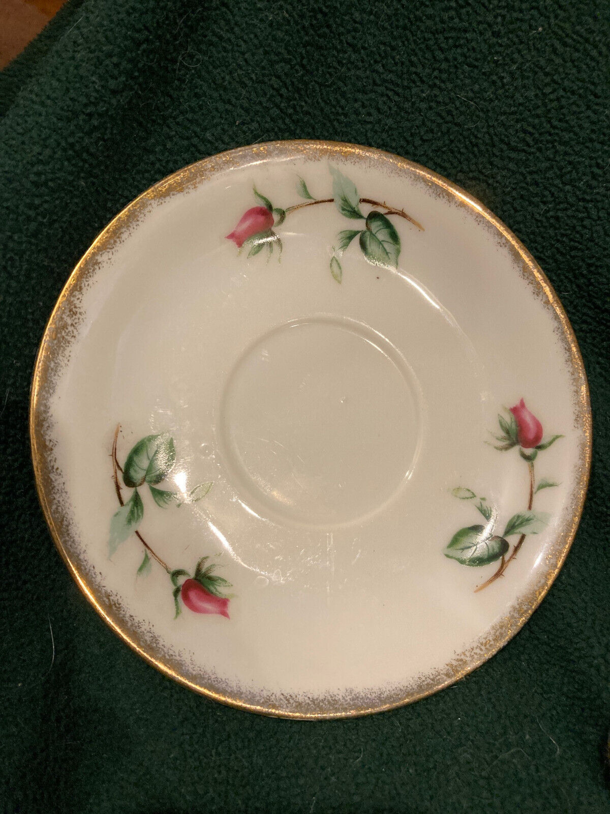 Vintage Tea Cup Saucer Plate Gold Rim Pink Rose with Green Leaf EUC