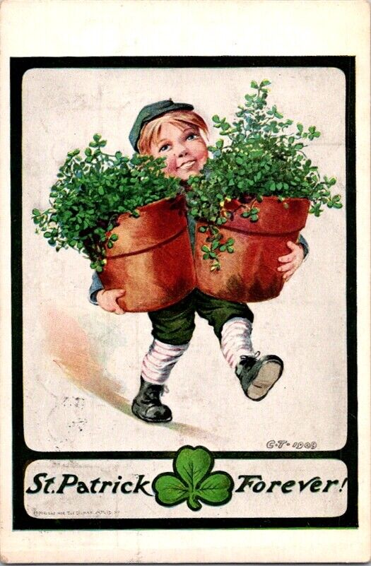 Postcard Happy St. Patrick's Day Greetings Irish Boy & Buckets Clover 1911 J-128