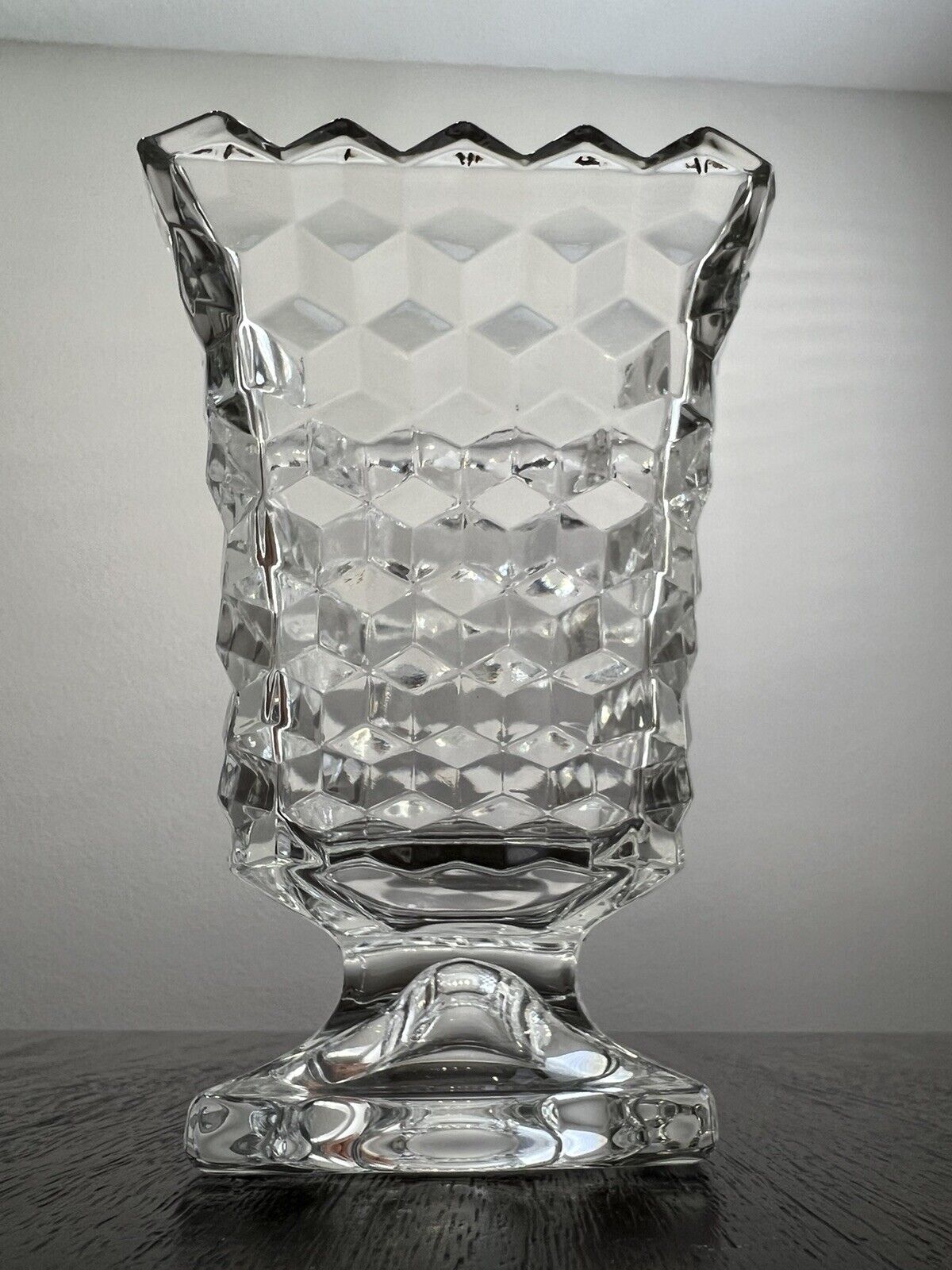 Beautiful Vintage 6-1/2” Fostoria “American” Clear Glass Square Footed Vase