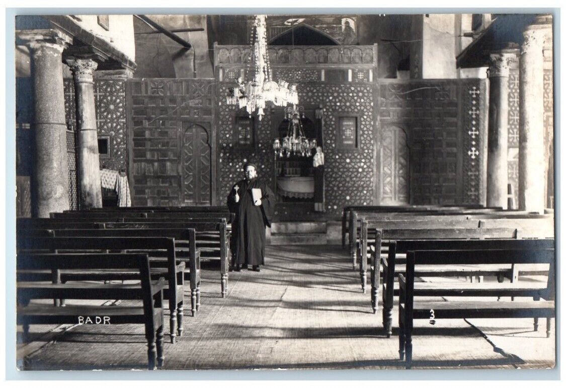c1920\'s St. Sergius Coptic Church Interior Priest BADR Cairo Egypt RPPC Postcard