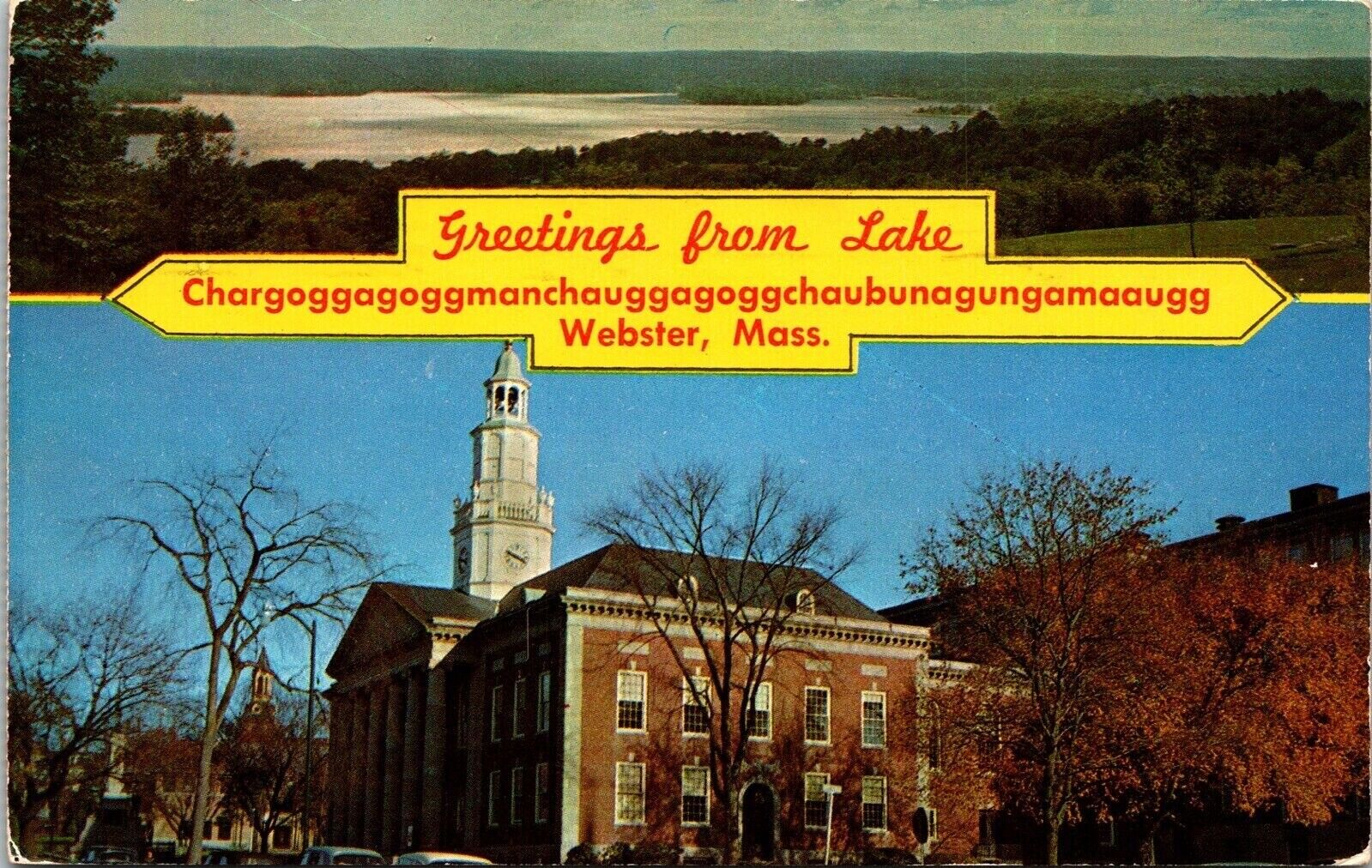Greetings From Lake Chargoggagoggmanchaugg Webster MA Massachusetts Postcard PM