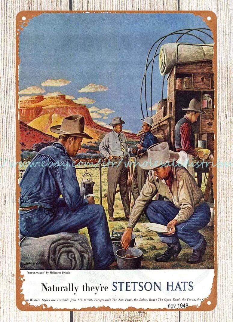 1948 STETSON hat cowboys outdoor camping metal tin sign hanging wall art