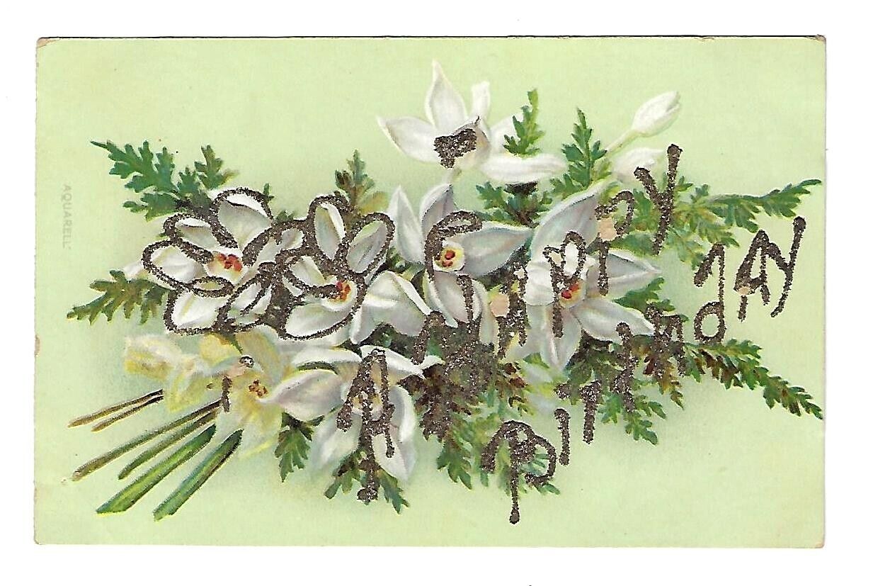c1907 Birthday Greetings Postcard White Flower, Glitter/ Embossed