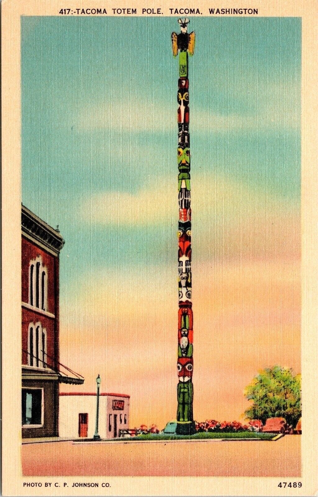Tacoma Totem Pole Washington WA Sunset Linen Postcard UNP VTG Unsued Vintage