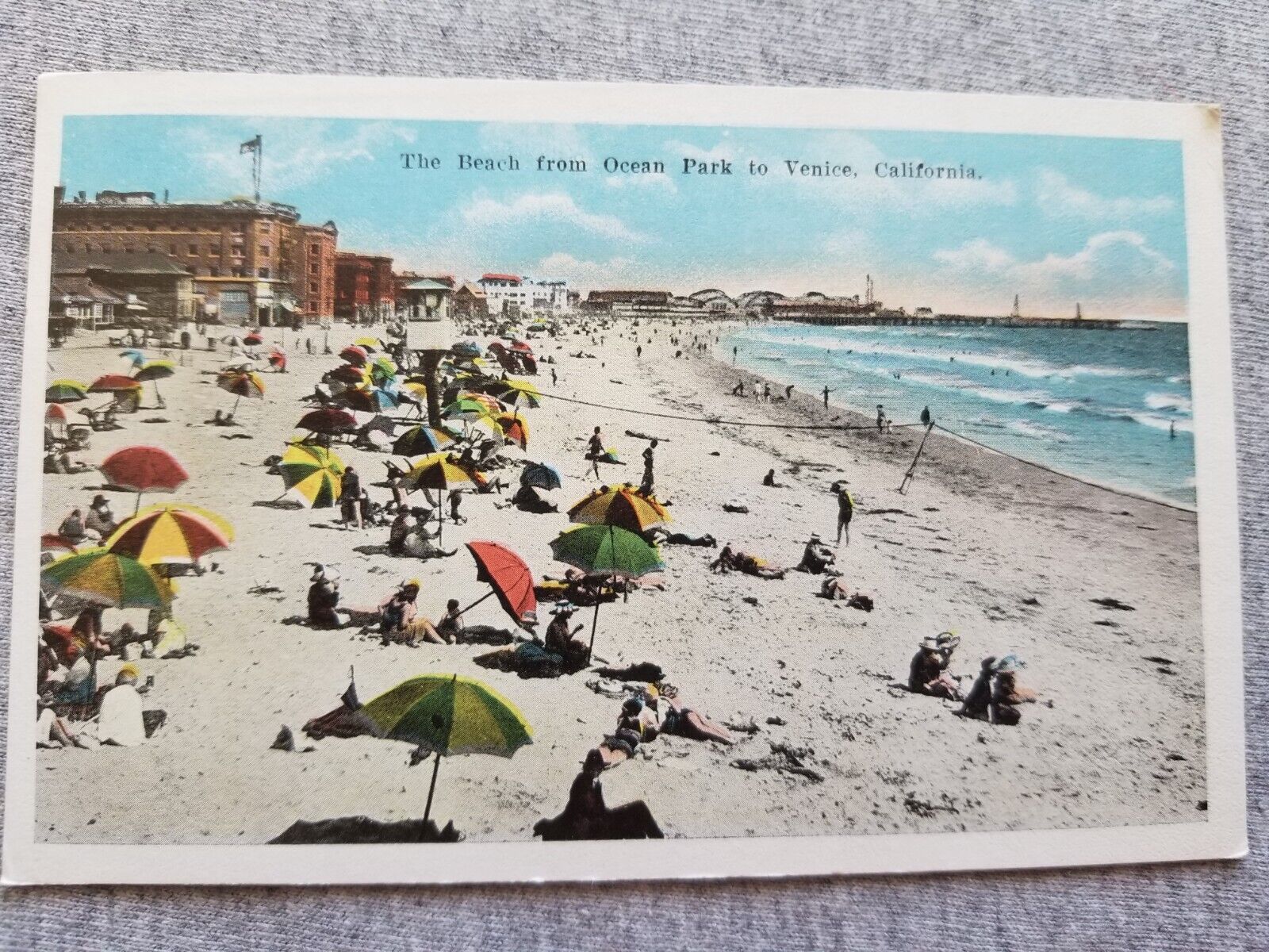 Venice CA Beach Near Ocean Park Umbrellas Life Guard Tower c 1930s Postcard