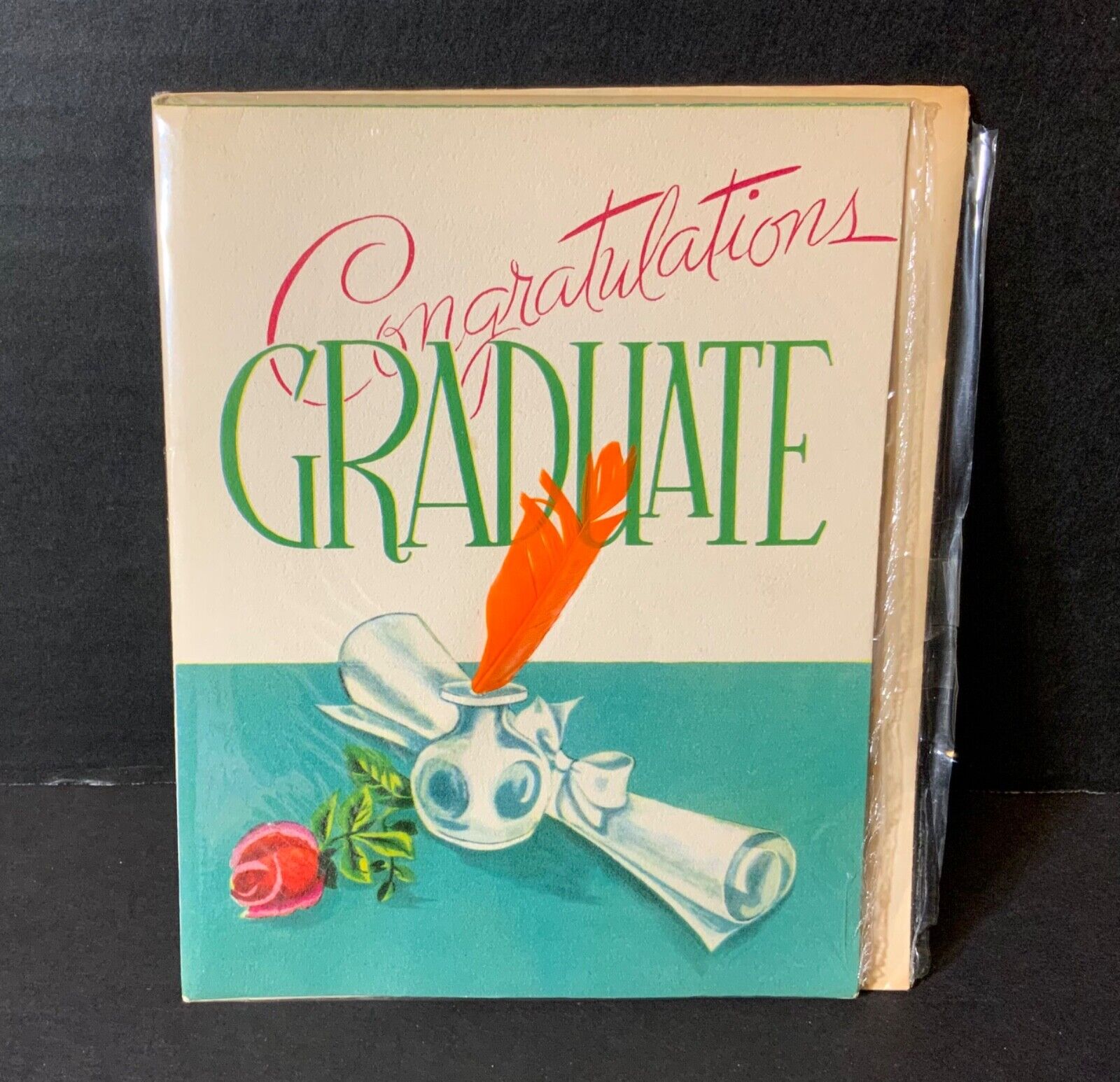 VTG Graduation Card UNUSED in Cellophane Inkpot w/ Real Feather Diploma Red Rose