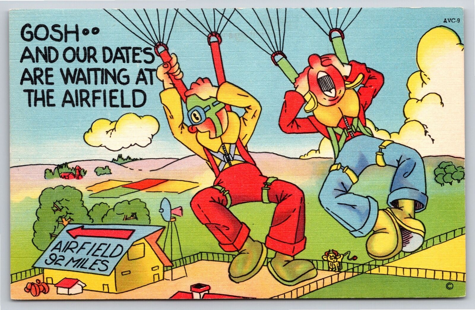 Military Comic~Paratroopers Landing In Field Dates Are Waiting~Vintage Postcard