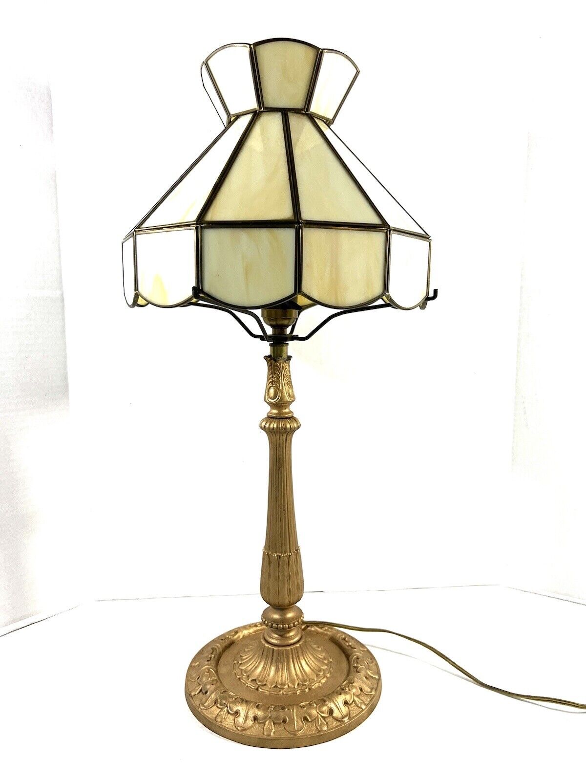 Antique Art Nouveau Signed Rainaud Lamp Base W Slag Glass Shade