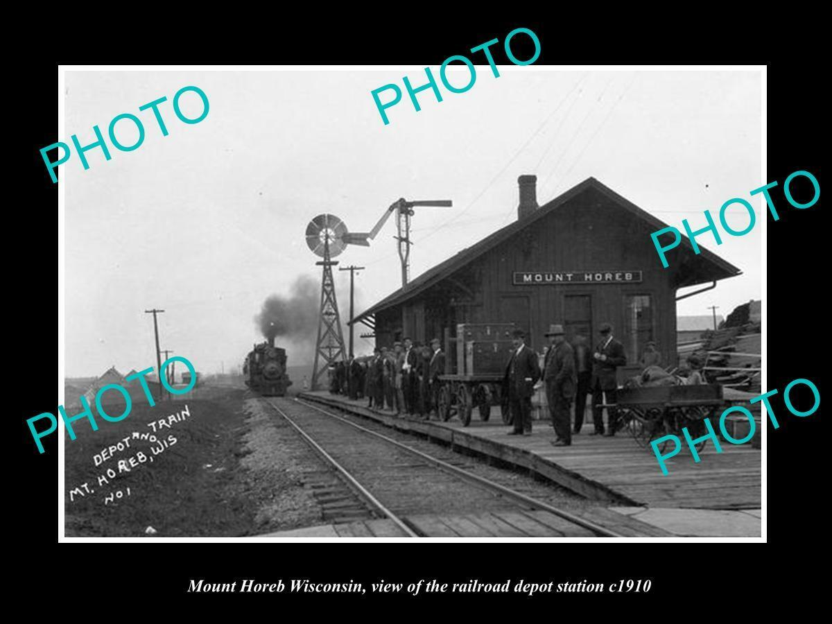 OLD POSTCARD SIZE PHOTO OF MOUNT HOREB WISCONSIN RAILROAD DEPOT STATION c1910
