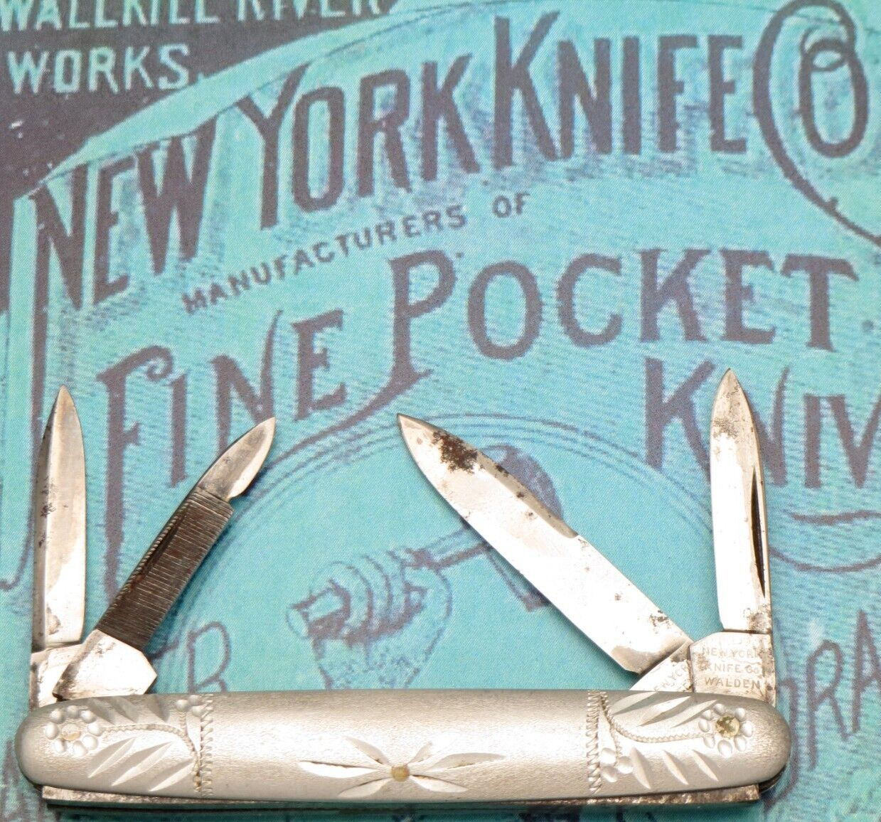 Antique New York Knife Co Walden Four-Blade Senator Penknife Engraved Aluminum