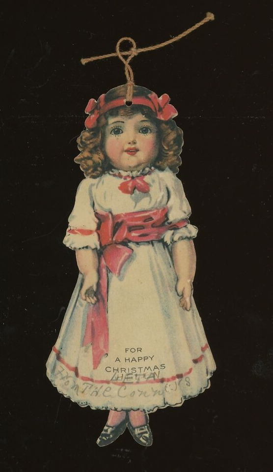 c1900 HAPPY CHRISTMAS DIE-CUT GREETING TREE ORNAMENT YOUNG GIRL 18-2