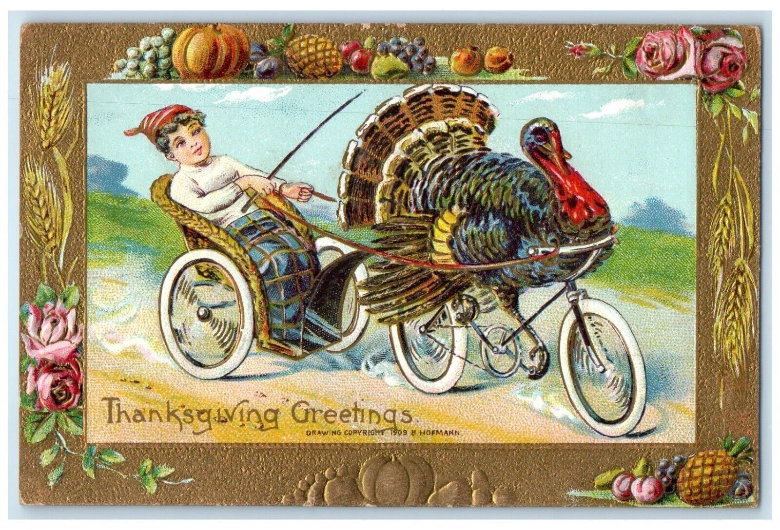 c1910's Thanksgiving Greetings Turkey Bicycle Pulling Cart Boy Embossed Postcard