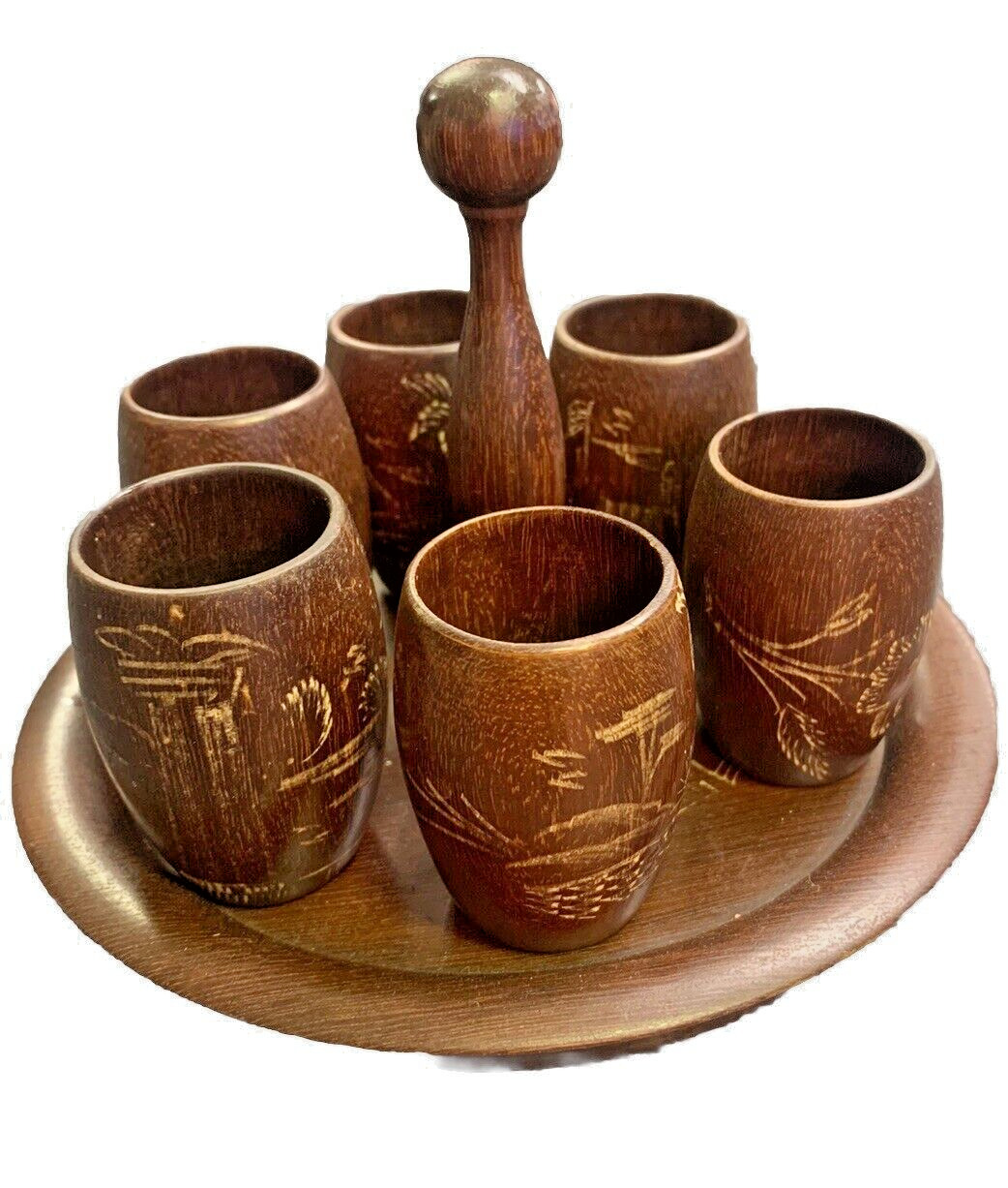 Vintage Havana Wood 6 Shot Glass Set with Round Tray 6 Hand Carved Designs
