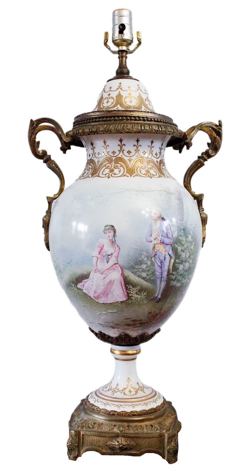 19th C Antique French SEVRES Artist Signed Porcelain Bronze Mounted Urn Lamp