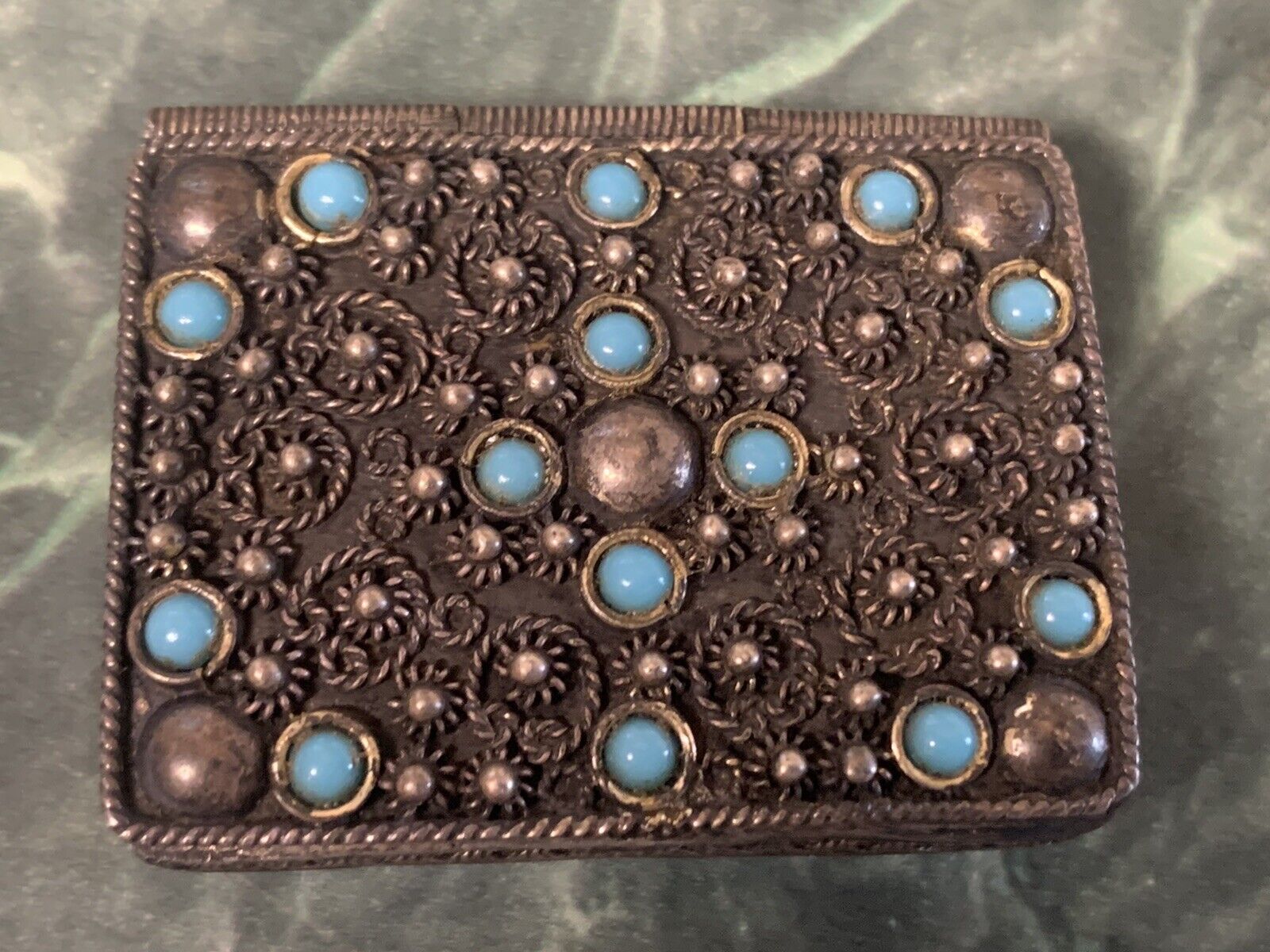 Vintage 950 Silver & Turquoise Ornate Pill Box