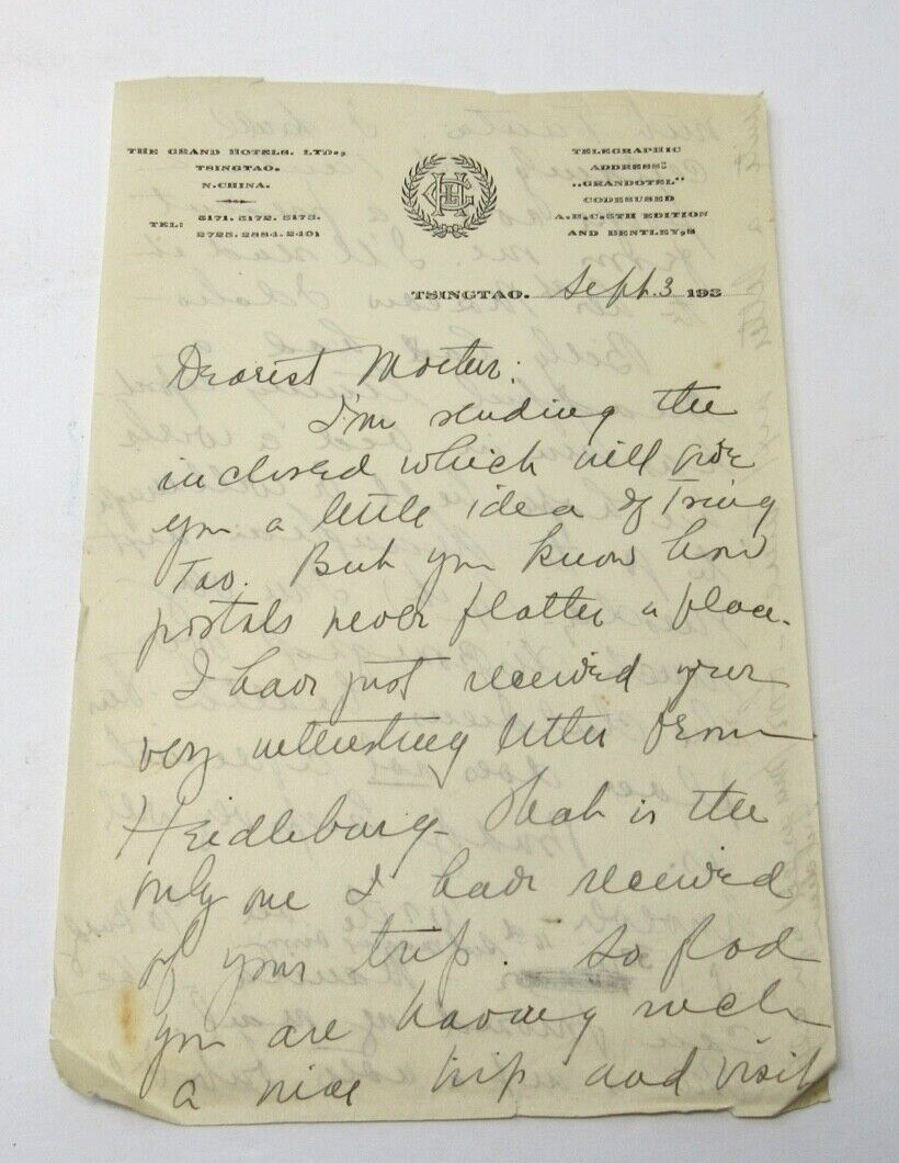 The Grand Hotel Tsingtao China Letter to Korean Missionary Ms George Jones c1930