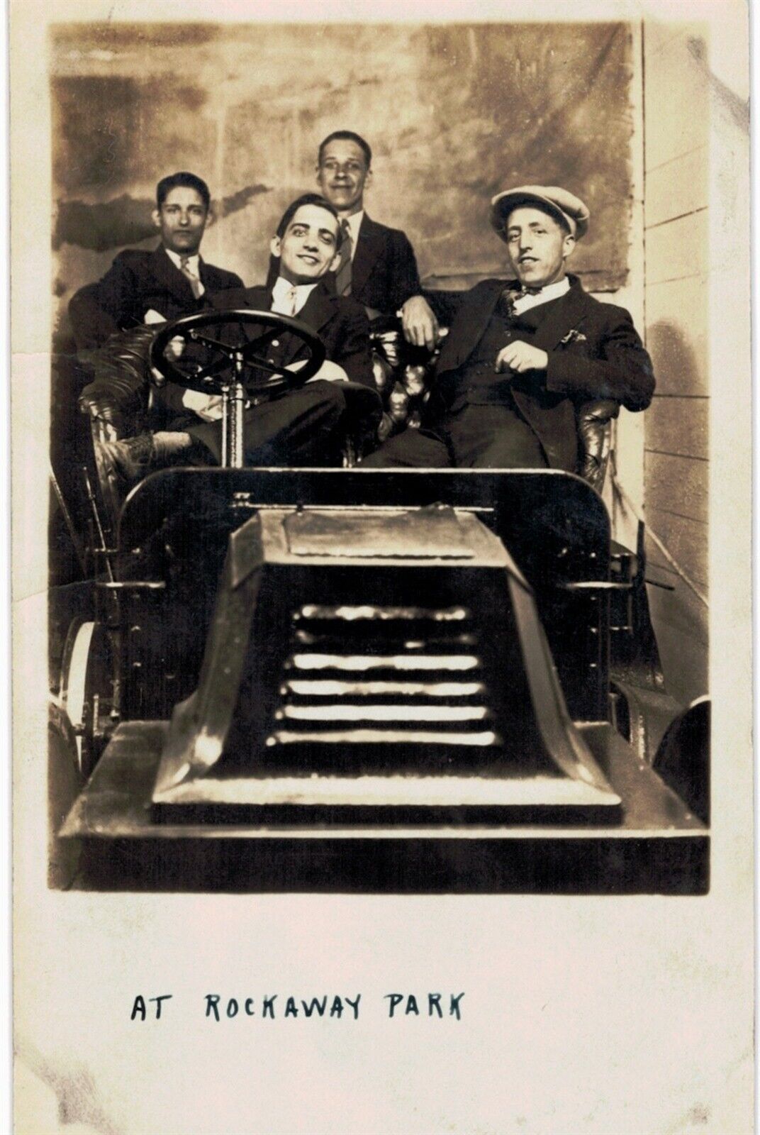 Rockaway Park NYC RPPC Four Men Posing In Photo Booth Car Unused 1901 