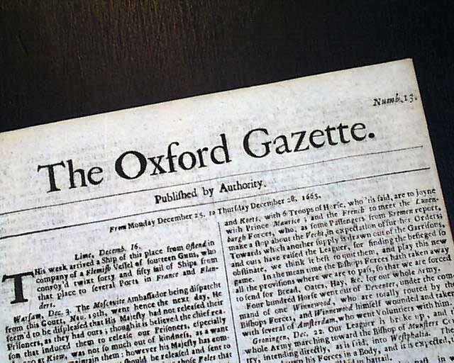 Extremely RARE 17th Century OXFORD EDITION England Gazette 1665 old Newspaper