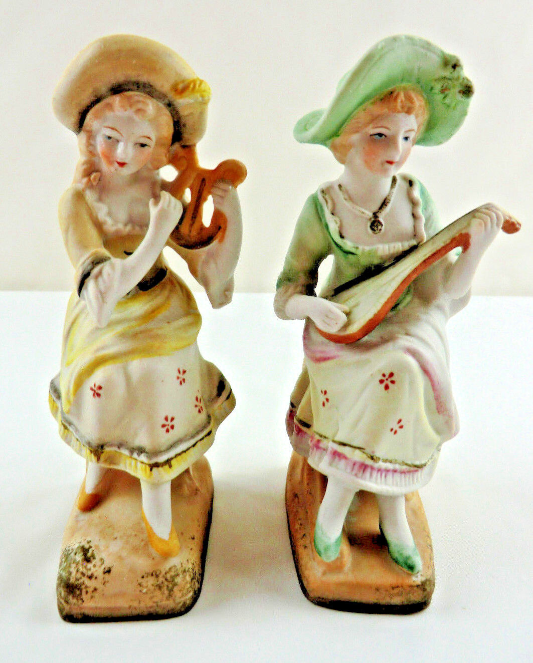Halsey Woman Porcelain Figurines Mandolin Harp Instruments 2 Vintage 1950s 
